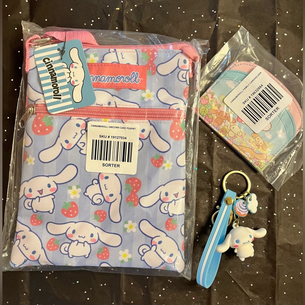 2pc Sanrio Cinnamoroll Passport Crossbody & Family Cardholder Set + Keychain NWT